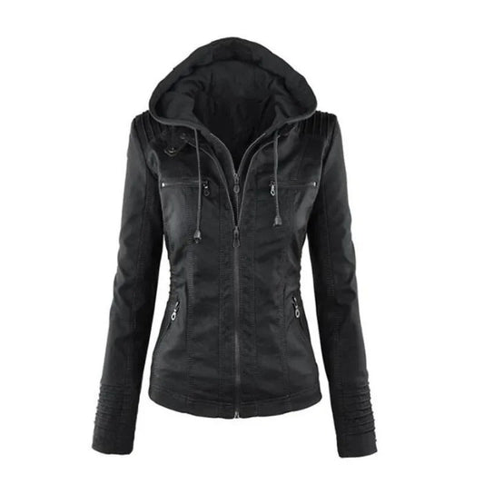 Women's Faux Leather Biker Jacket With Detachable Hood