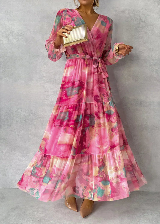 Floral Print Maxi Wrap Dress with Long Sleeves