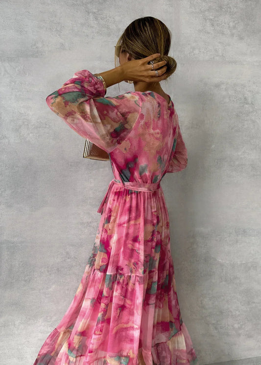 Floral Print Maxi Wrap Dress with Long Sleeves
