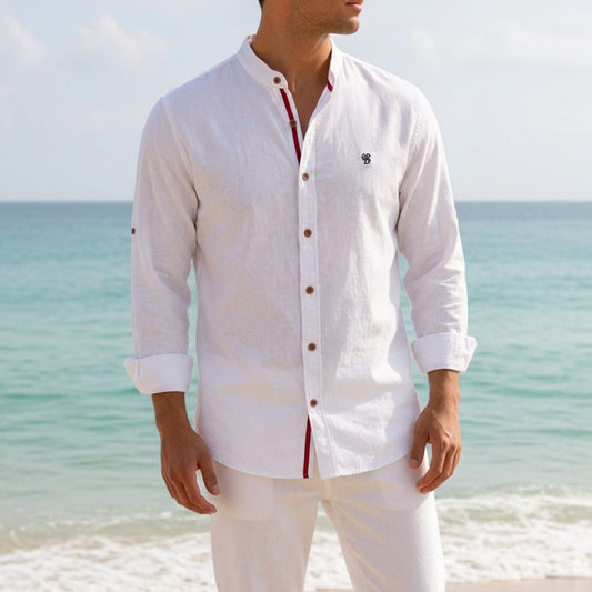 Tailored Long Sleeve Cotton Blend Shirt with Mandarin Collar