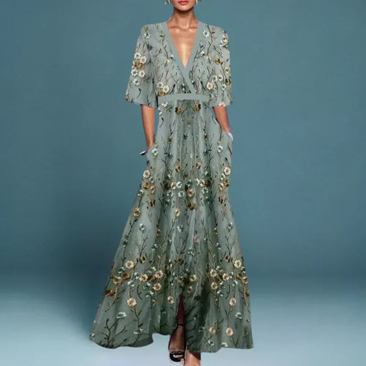 Romantic Floral Print Flowing Full Length Maxi Dress