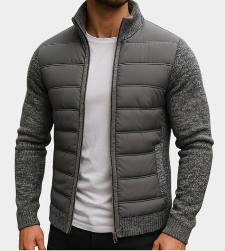Men's Quilted Winter Jacket with Knitted Sleeves and Fleece Lining