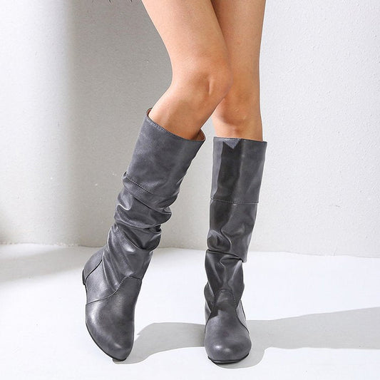 Women's Pleated Shaft Block Heel Boots