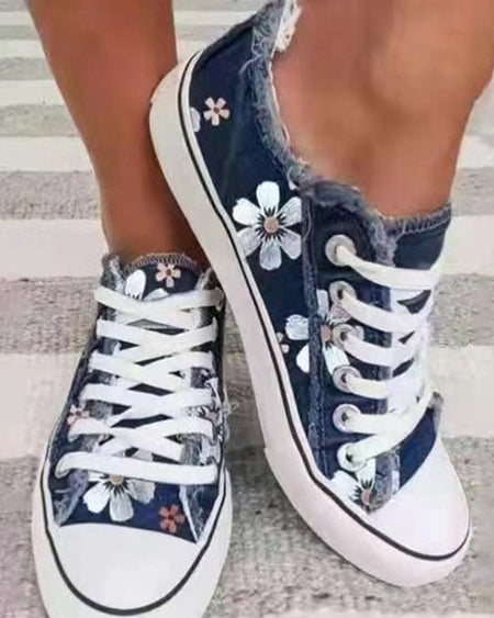 Floral Embroidered Denim Lace-Up Trainers for Women