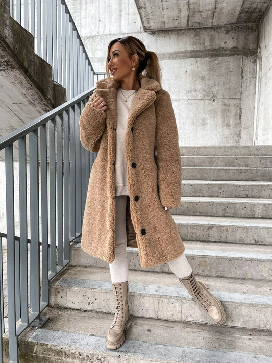 Cosy Plush Fabric Longline Trench Coat