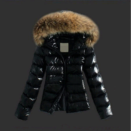 Women's Short Hooded Winter Jacket with Plush Trim