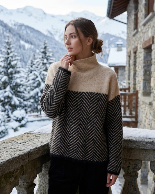 Women's Roll Neck Jumper with Herringbone Pattern