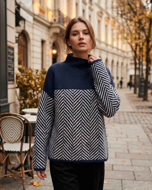 Women's Roll Neck Jumper with Herringbone Pattern