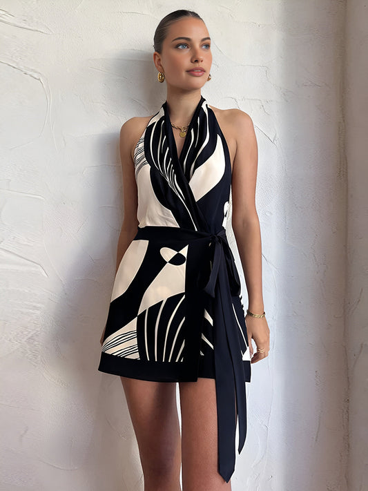Abstract Print Satin Halter Wrap Mini Dress