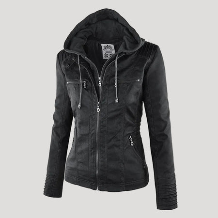Women's Hooded Faux Leather Jacket with Zip and Button Placket