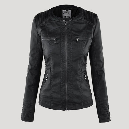 Women's Hooded Faux Leather Jacket with Zip and Button Placket