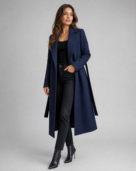 Notched Lapel Belted Knee Length Trench Coat