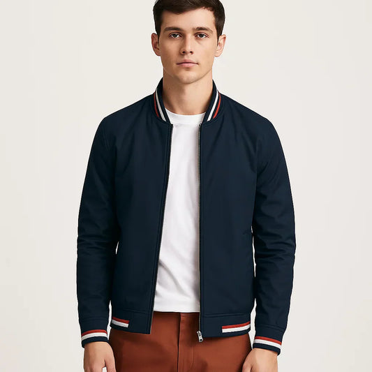 Men's Zippered Bomber Jacket with Ribbed Cuffs