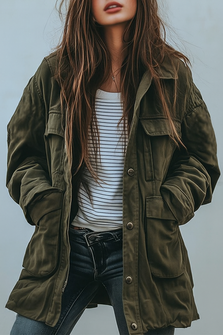 Women's Relaxed Military Utility Jacket With Pockets