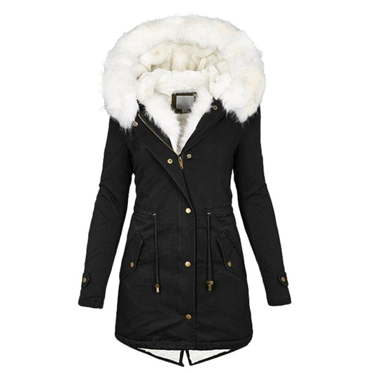 Women's Fleece Lined Hooded Winter Jacket with Buttons