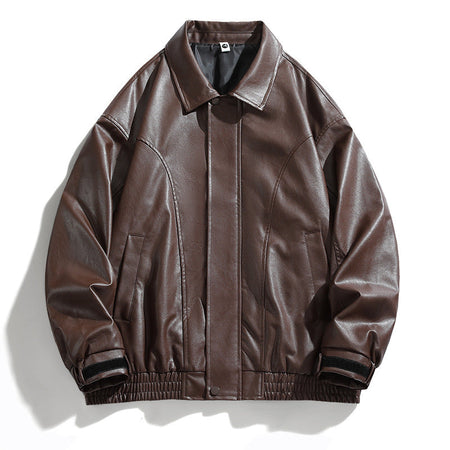 Men's Faux Leather Bomber Jacket with Elastic Hem