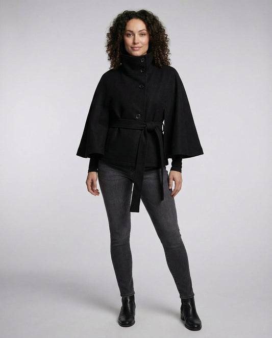 Women's Cape Jacket with Stand Collar and Tie Belt