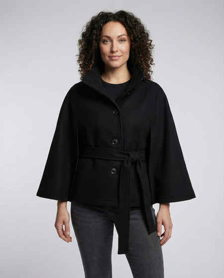 Women's Cape Jacket with Stand Collar and Tie Belt