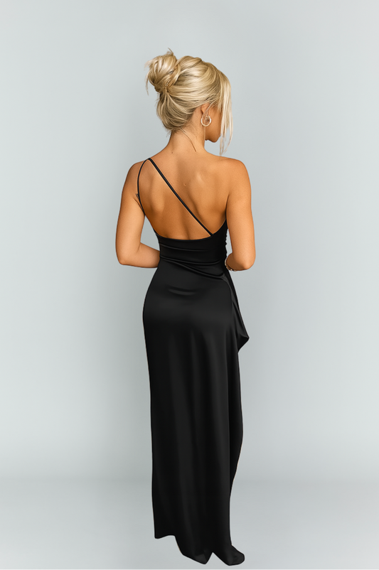 Elegant Satin One-Shoulder Maxi Dress with Split