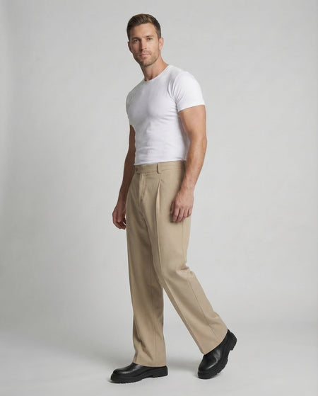 High-Waisted Wide Leg Pleated Polyester Trousers