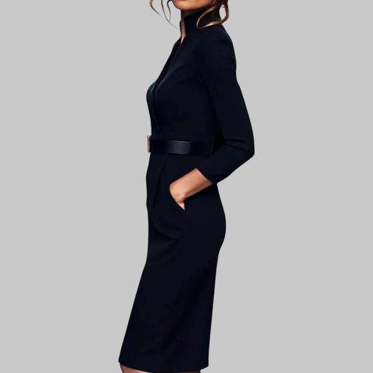 Elegant Belted Midi Dress - Long Sleeve Sheath Design