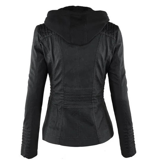 Women's Faux Leather Biker Jacket With Detachable Hood