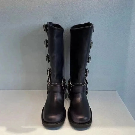 Women's Buckle Strap Mid Heel Western Boots