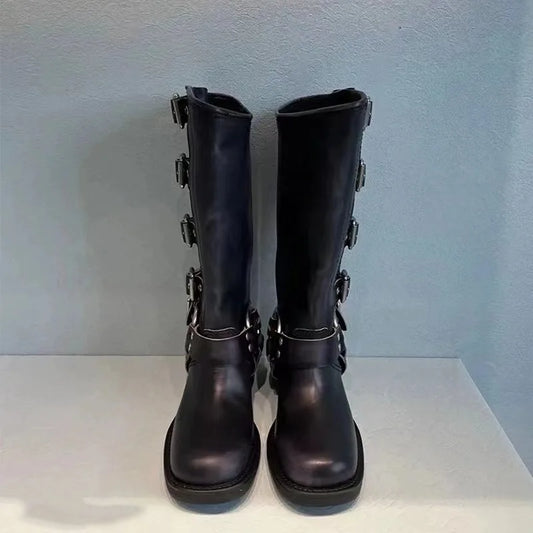 Women's Buckle Strap Mid Heel Western Boots