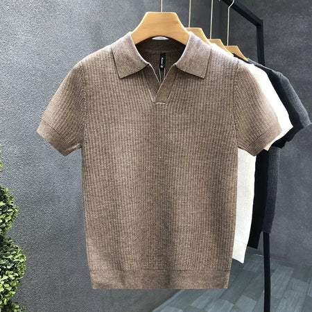 Textured Short Sleeve Open Collar Knit Polo Shirt