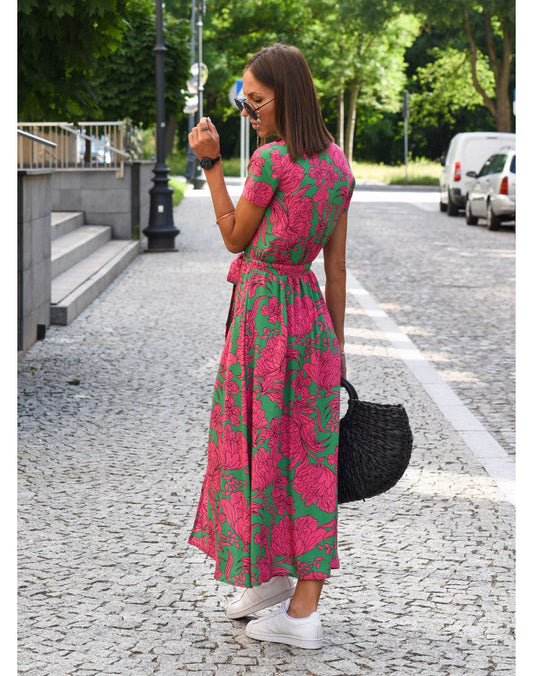 Floral V-Neck Wrap Relaxed Midi Dress