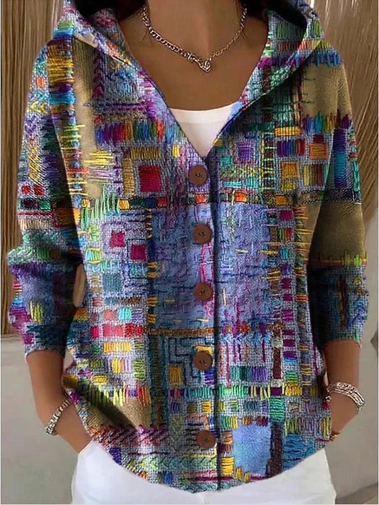 Hooded Longline Patterned Button Cardigan