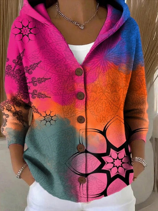 Hooded Longline Patterned Button Cardigan