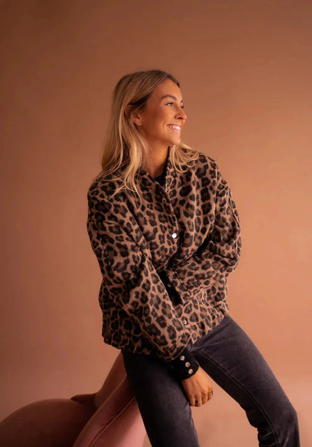 Women's Leopard Print Bomber Jacket with Snap Buttons