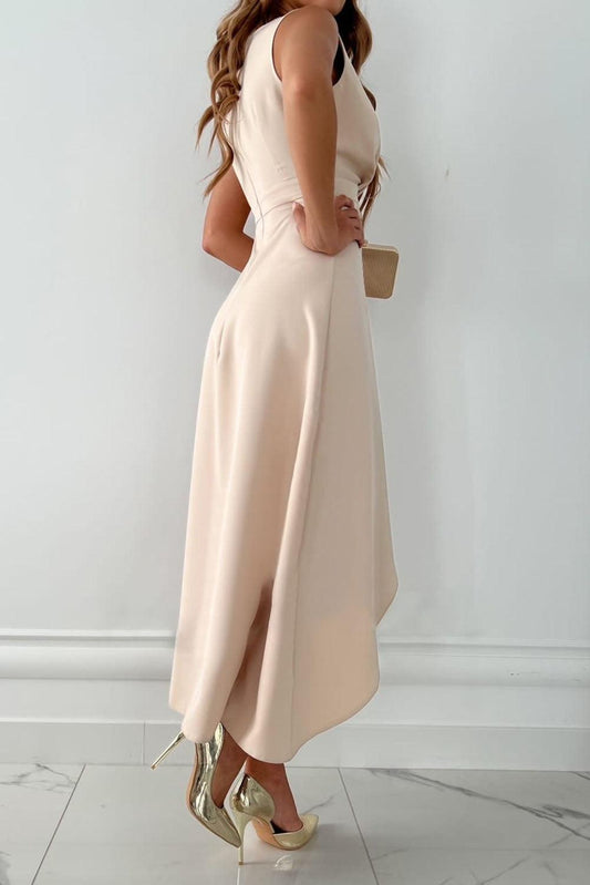 Sleeveless V-Neck Wrap Maxi Dress with Asymmetrical Hem