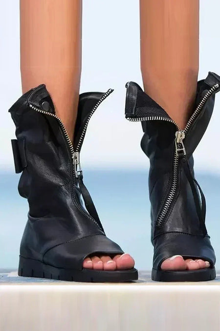 Women's Open Toe Flat Boots with Full Front Zip