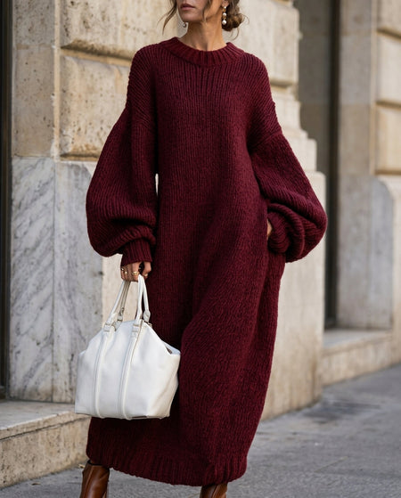 Chunky Ribbed Knit Oversized Maxi Dress With Balloon Sleeves