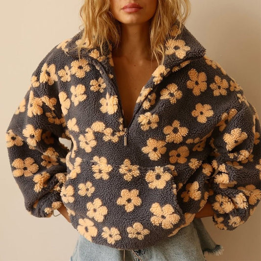 Women's Daisy Print Half Zip Teddy Fleece Jumper