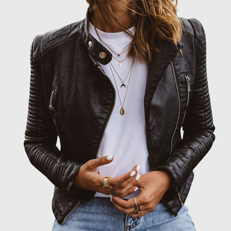 Women's Fitted Leather Biker Jacket With Zip Pockets