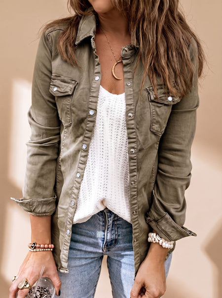 Women's Button Front Denim Jacket With Chest Pockets