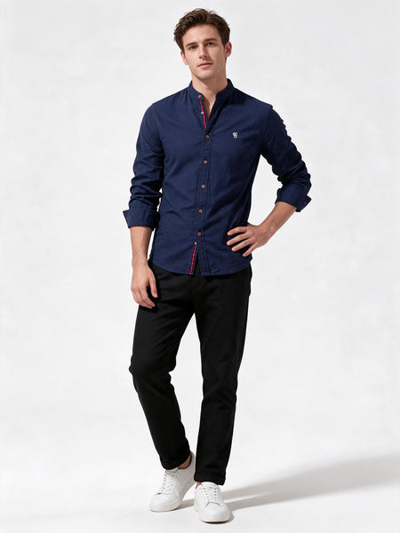 Men's Stand Collar Long Sleeve Shirt with Contrast Placket