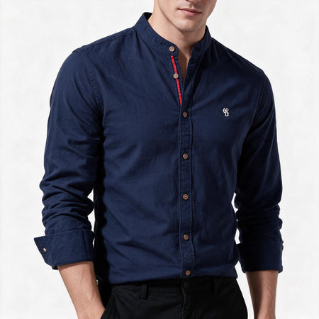 Men's Stand Collar Long Sleeve Shirt with Contrast Placket