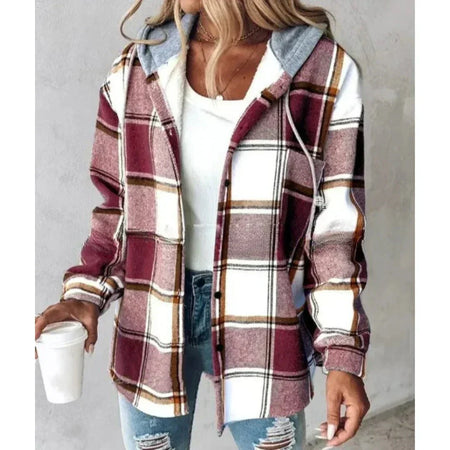 Women's Plaid Hooded Relaxed Fit Jacket