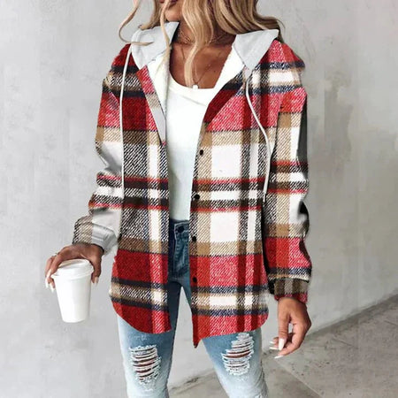 Women's Plaid Hooded Relaxed Fit Jacket