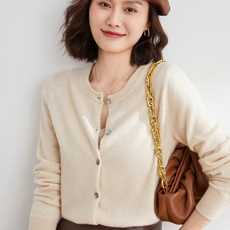 Soft Knit Button Front Crew Neck Cardigan