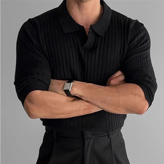 V-Neck Long Sleeve Ribbed Polo