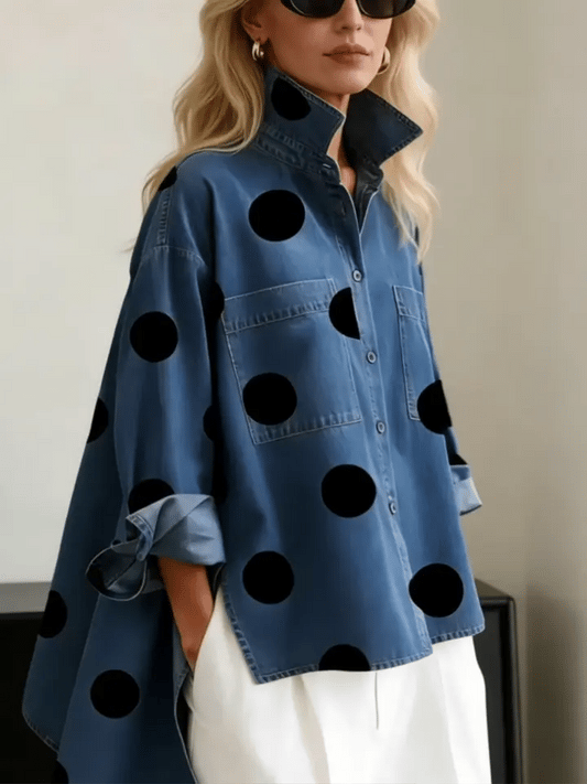 Polka Dot Print Stand Collar Denim Blouse