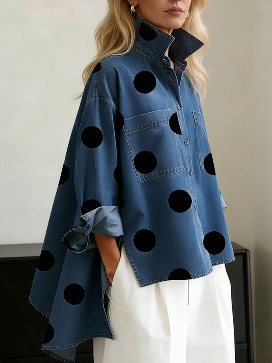Polka Dot Print Stand Collar Denim Blouse