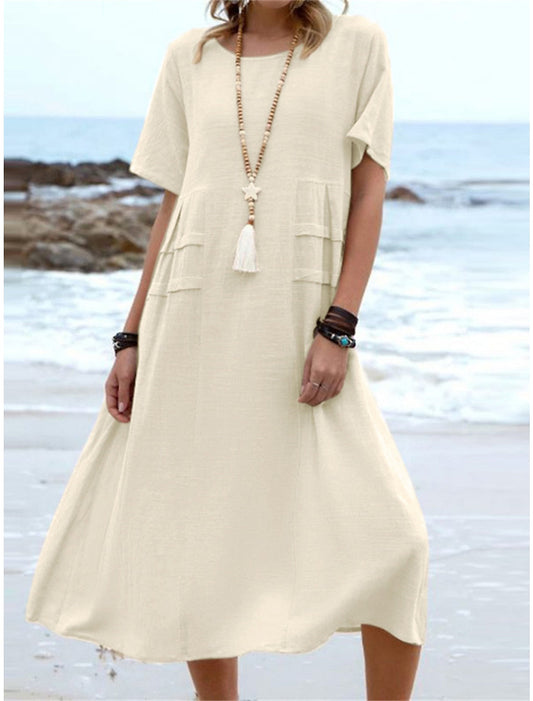 Loose A-Line Cotton Linen Short Sleeve Midi Dress