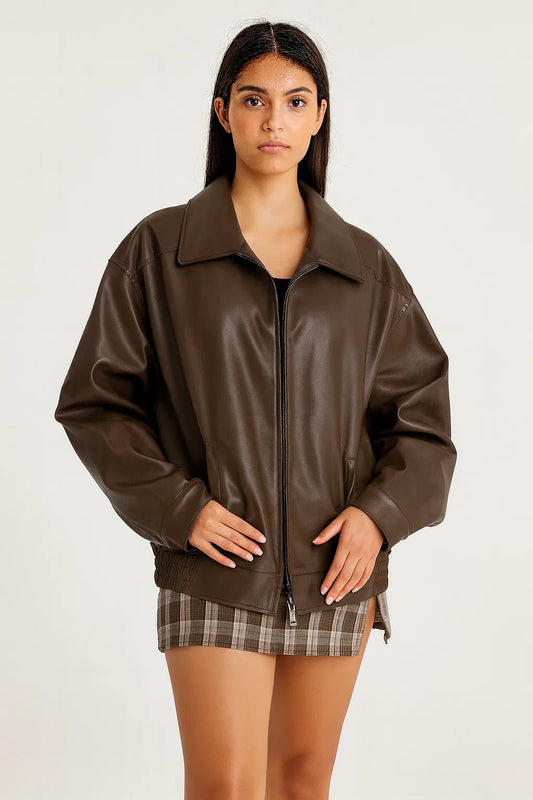 Women's Oversized Faux Leather Bomber Jacket
