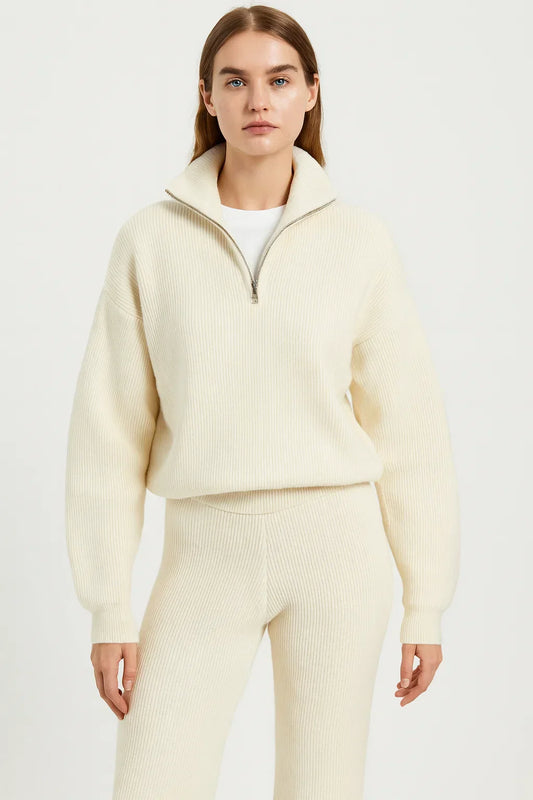 Ribbed Knit Half-Zip Two-Piece Set